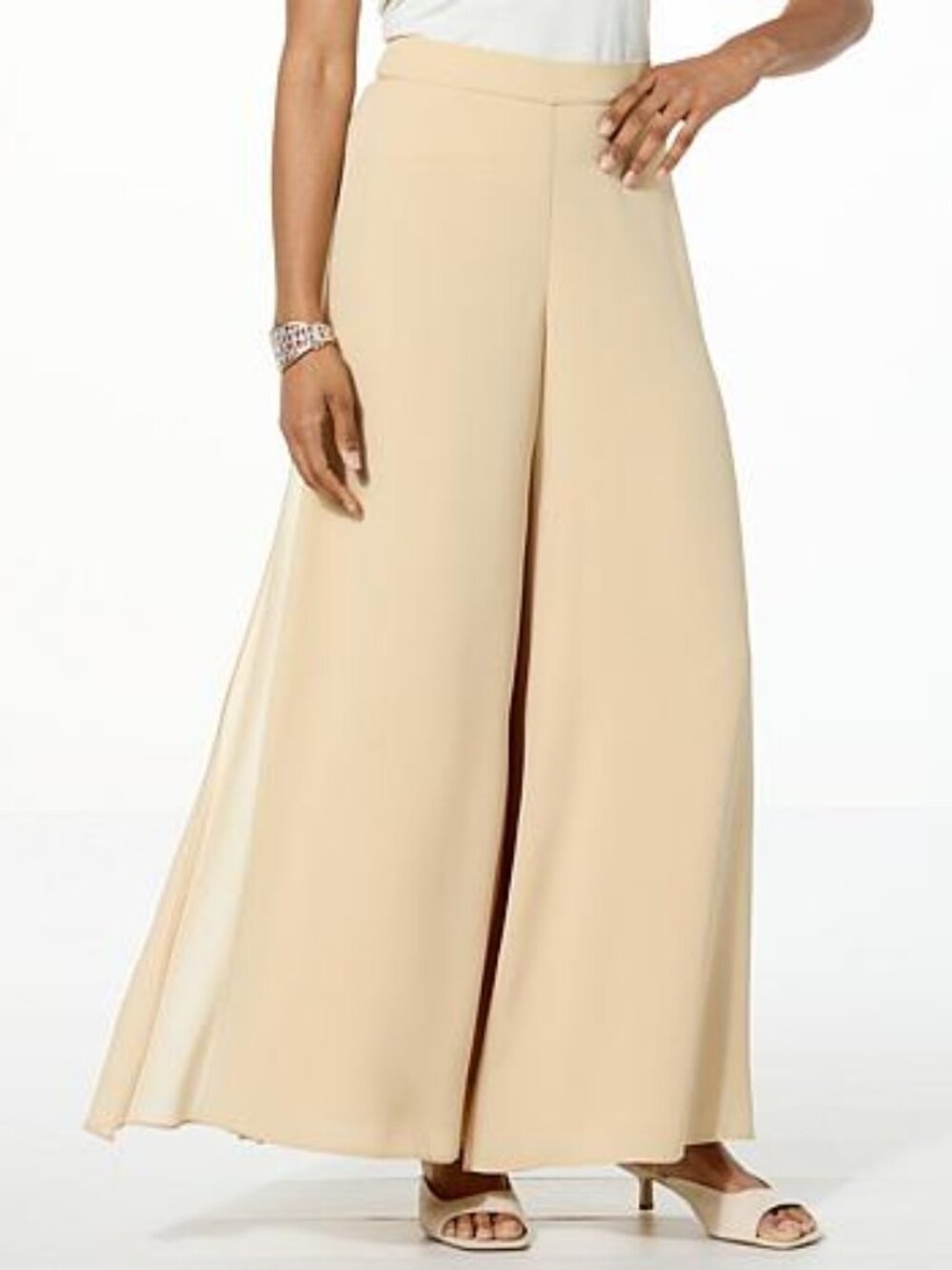 WynneLayers Pull-On Chiffon Double-Layer Palazzo Pant, Size XL, Almond